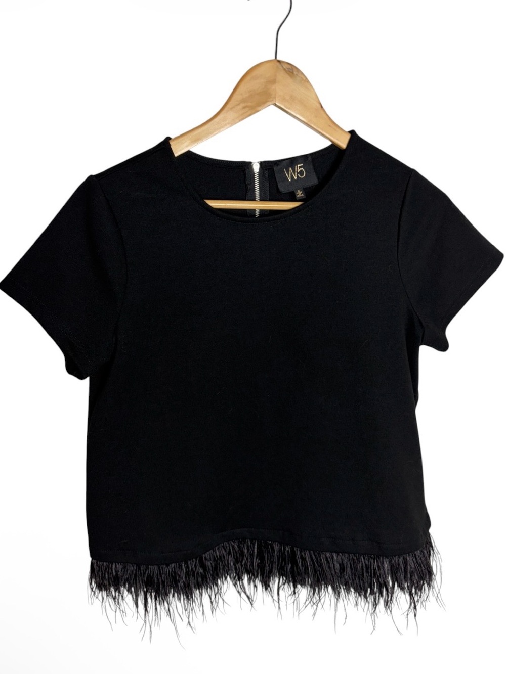 W5 black with black feather trim blouse size S
